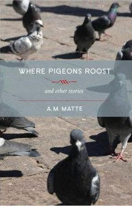 Cover page of short story collection Where Pigeons Roost, featuring a photgraph of pigeons strutting about on a sunny pavement.
