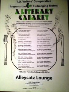 Literary Cabaret poster, highlighting the evening line-up of readers, including A.M. Matte